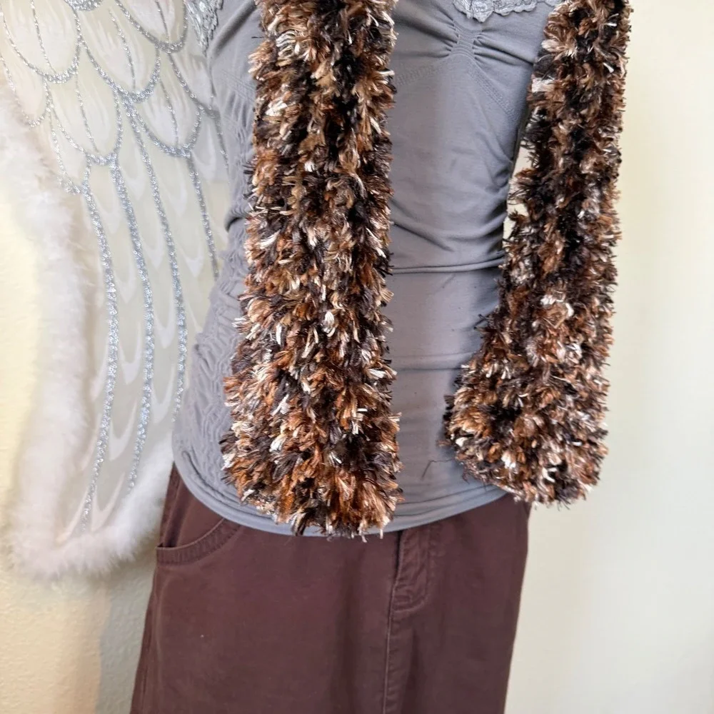 Y2K Eyelash Fuzzy Shaggy‎ Fringe Scarf Brown Tan White Textured 90s Whimsygoth